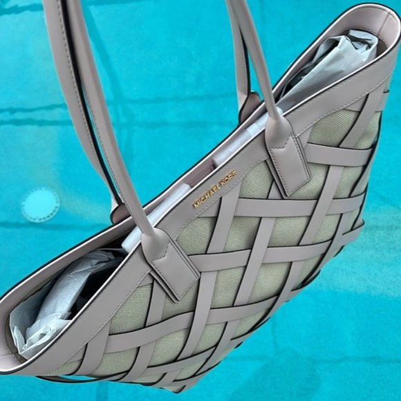 Michael Kors Sienna Large Tote Shoulder Bag Powder Blush Leather Canvas - Picture 6 of 16